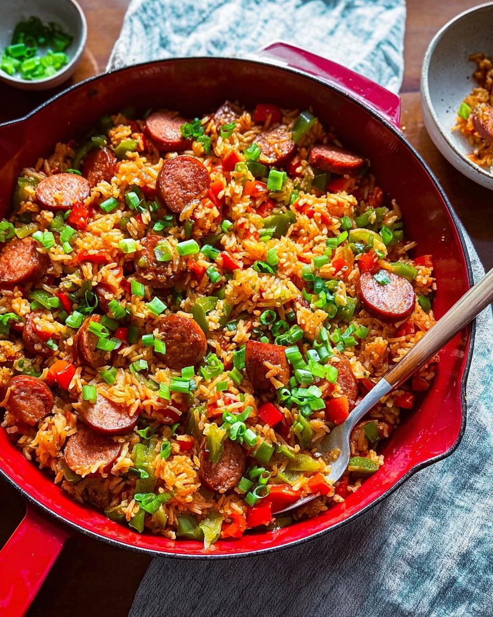 A close-up overhead view of a vibrant Cajun Sausage and Rice Skillet in a red cast iron pan, garnished with green onions.