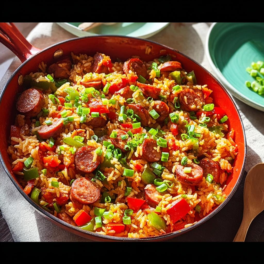 A close-up of a skillet filled with Cajun Sausage and Rice, featuring sliced sausage, rice, bell peppers, and green onions.