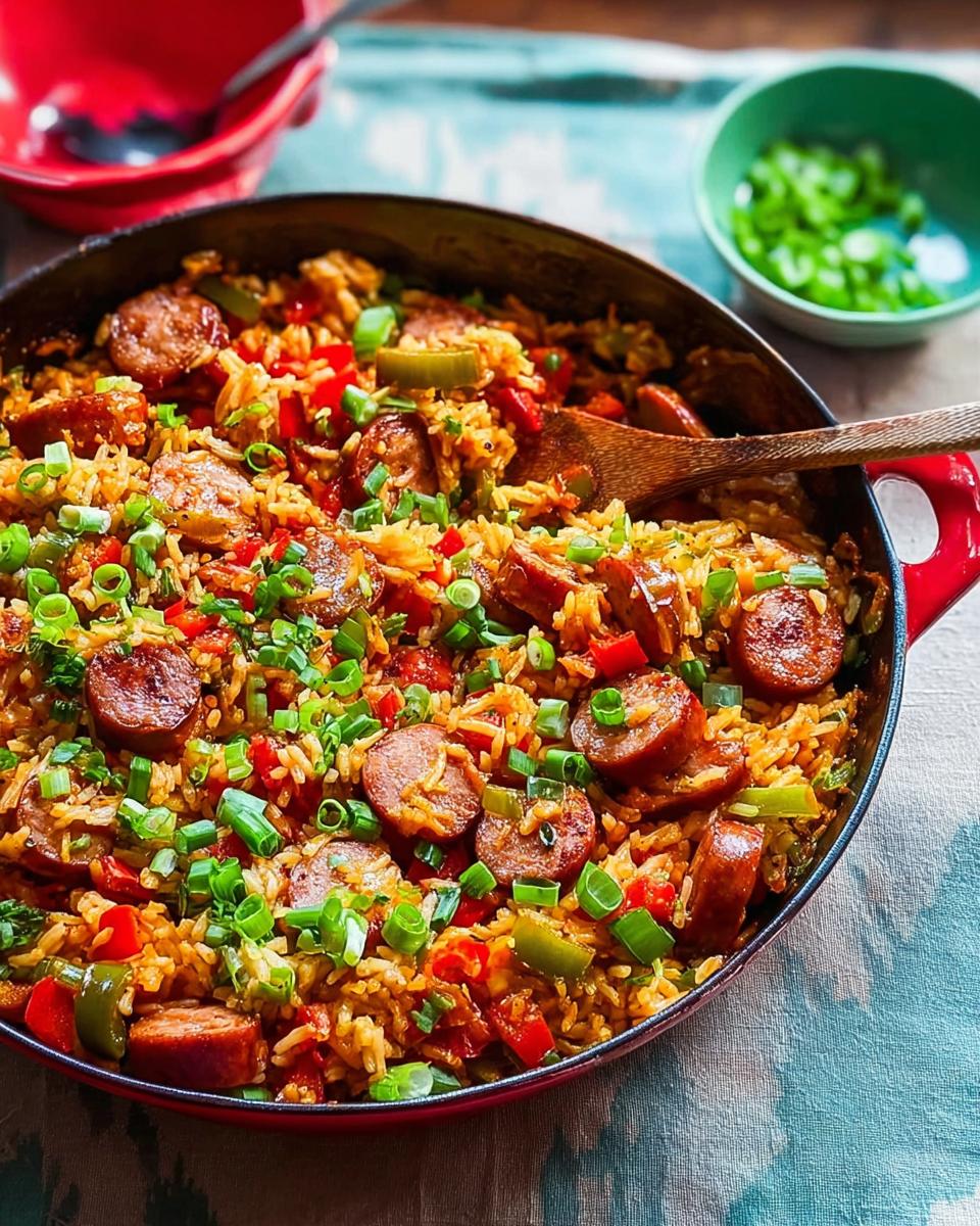 A close-up of a red skillet filled with Cajun Sausage and Rice Skillet, garnished with green onions.