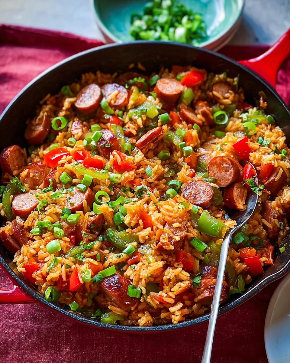 A close-up of a Cajun Sausage and Rice Skillet, filled with rice, sausage slices, bell peppers, and green onions.