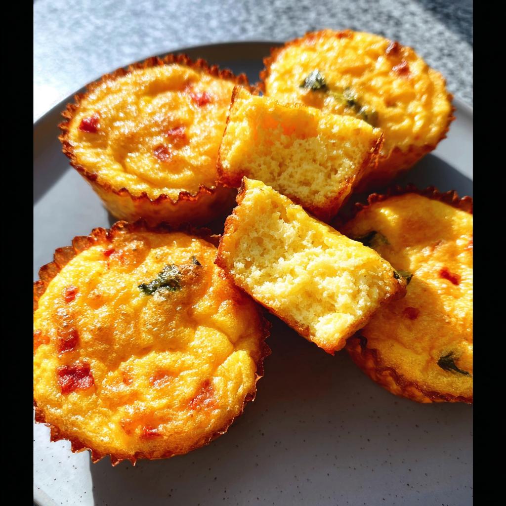A close-up of Cheesy Muffin Tin Cottage Cheese Egg Bites on a plate, with one bite broken in half to show the fluffy interior.