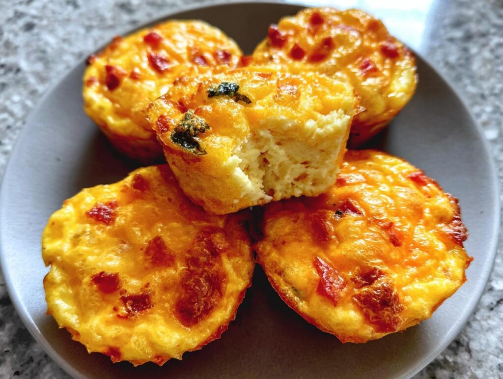 A plate of golden-brown Cheesy Muffin Tin Cottage Cheese Egg Bites, one with a bite taken out.