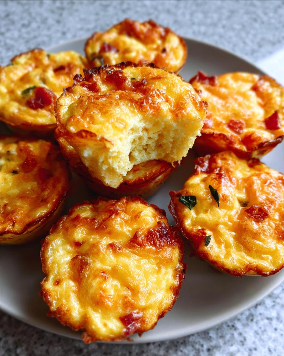A plate of golden brown Cheesy Muffin Tin Cottage Cheese Egg Bites, one with a bite taken out.