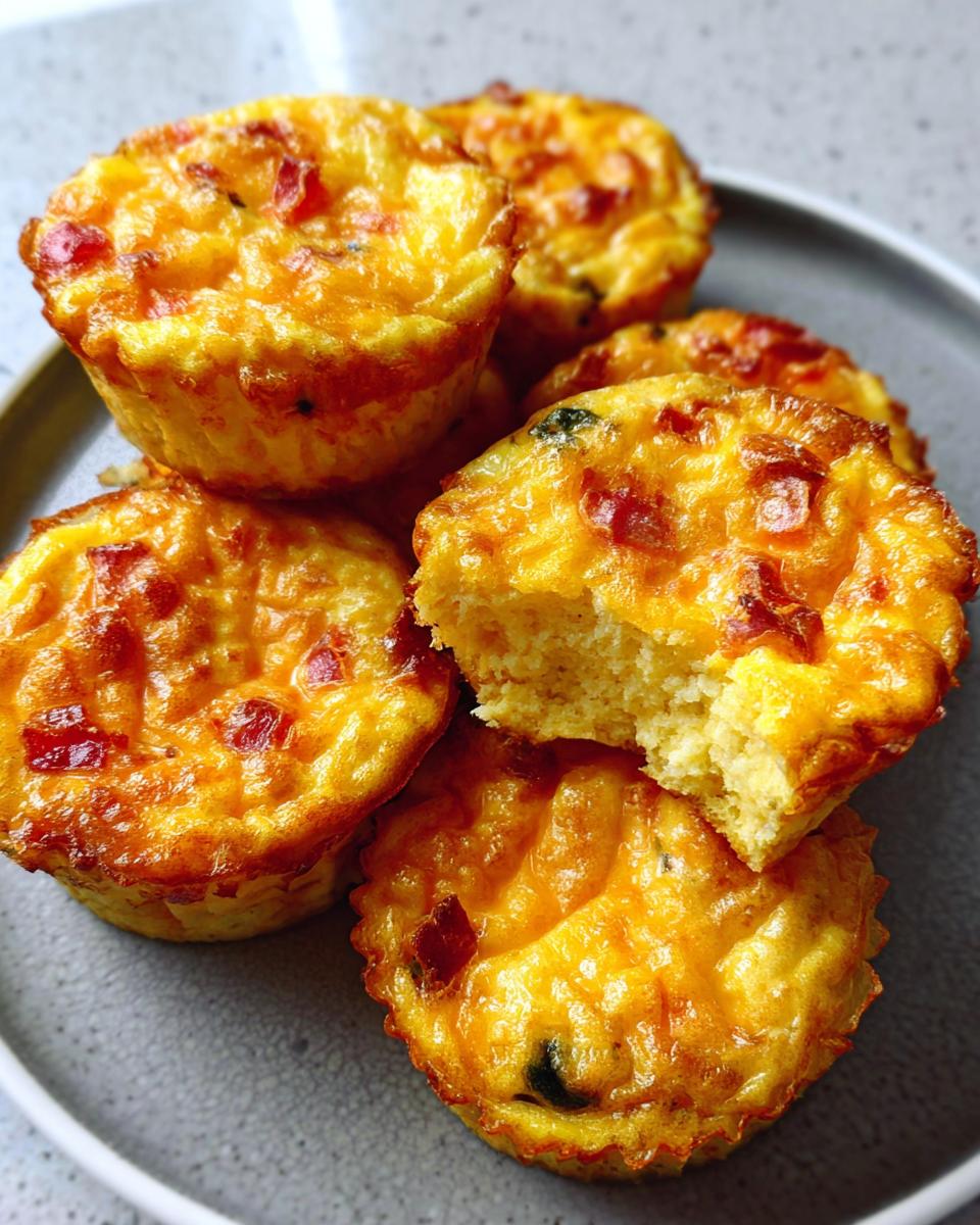 A stack of golden-brown Cheesy Muffin Tin Cottage Cheese Egg Bites on a gray plate, one bitten into.