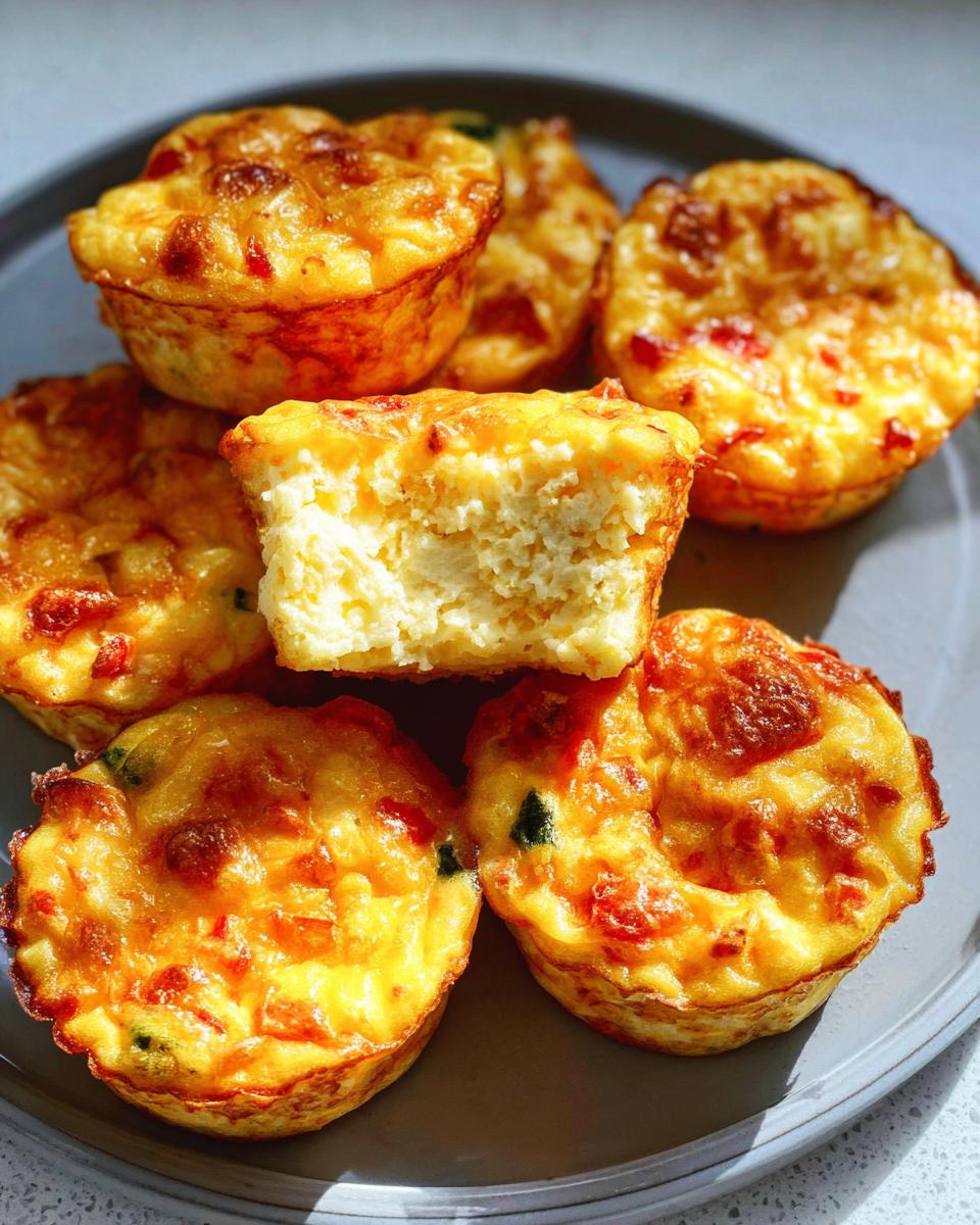 A stack of golden-brown Cheesy Muffin Tin Cottage Cheese Egg Bites on a gray plate, with one bite cut in half to show the fluffy interior.
