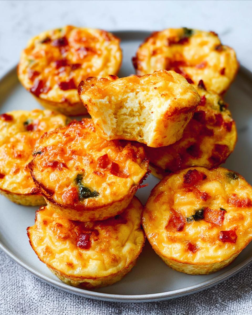 A stack of golden-brown Cheesy Muffin Tin Cottage Cheese Egg Bites on a gray plate, one with a bite taken out.
