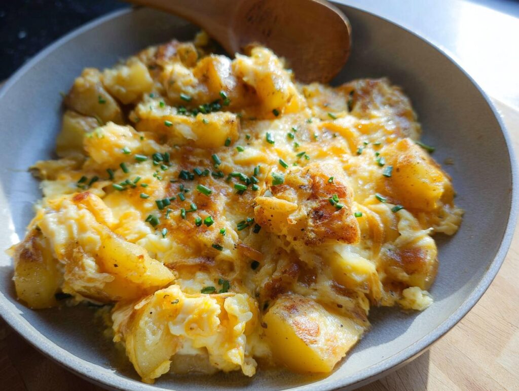 A close-up of a delicious Cheesy Potato Egg Scramble, garnished with fresh chives, served in a rustic bowl.