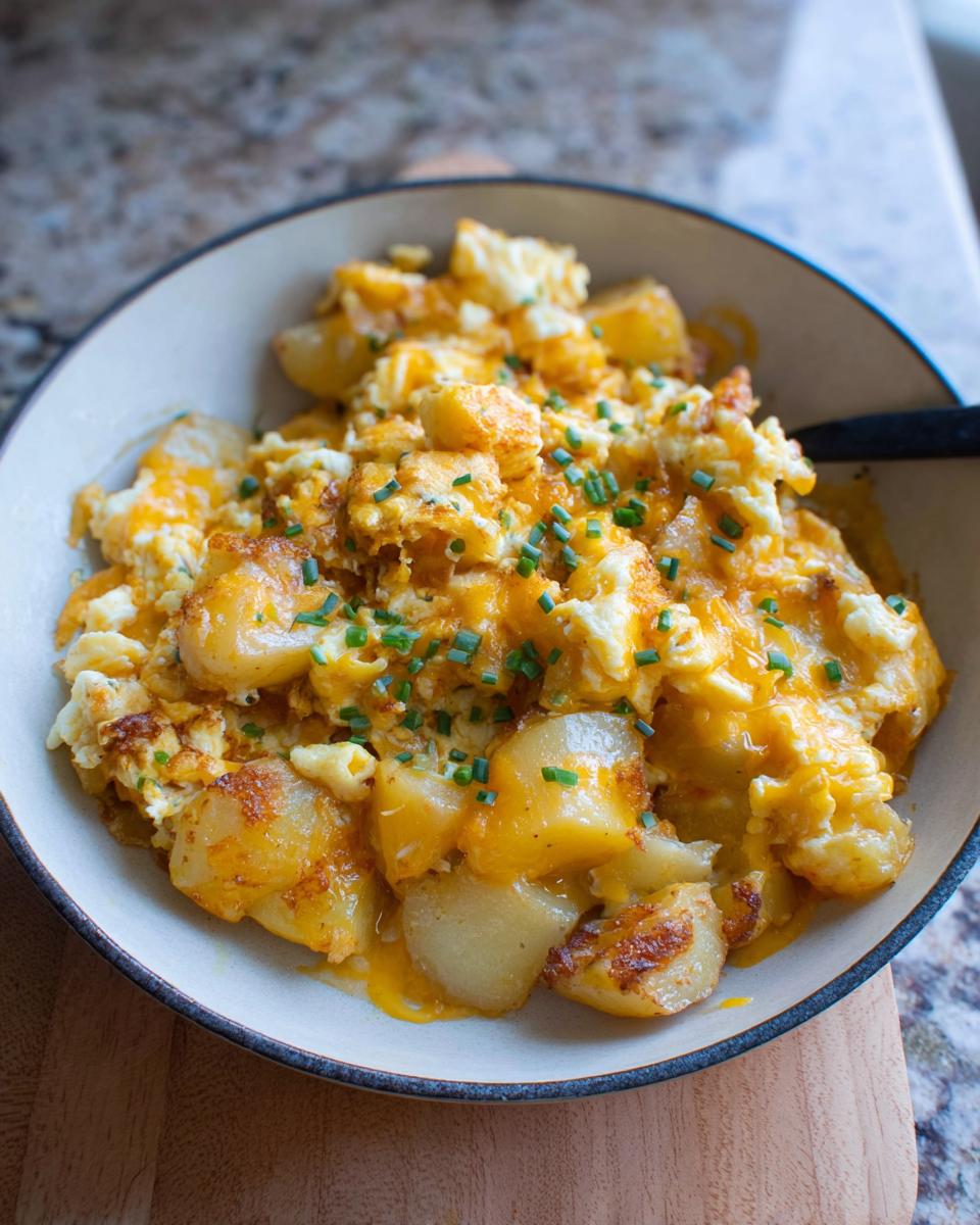 A close-up of a bowl filled with a Cheesy Potato Egg Scramble, topped with fresh chives.