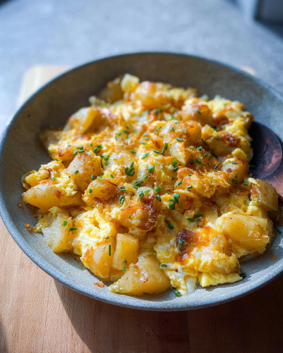 A close-up of a bowl filled with a Cheesy Potato Egg Scramble, garnished with fresh chives.