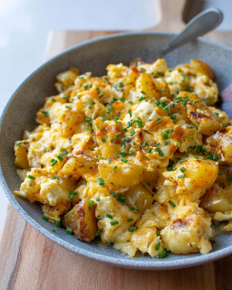 A close-up of a bowl filled with a Cheesy Potato Egg Scramble, garnished with fresh chives.