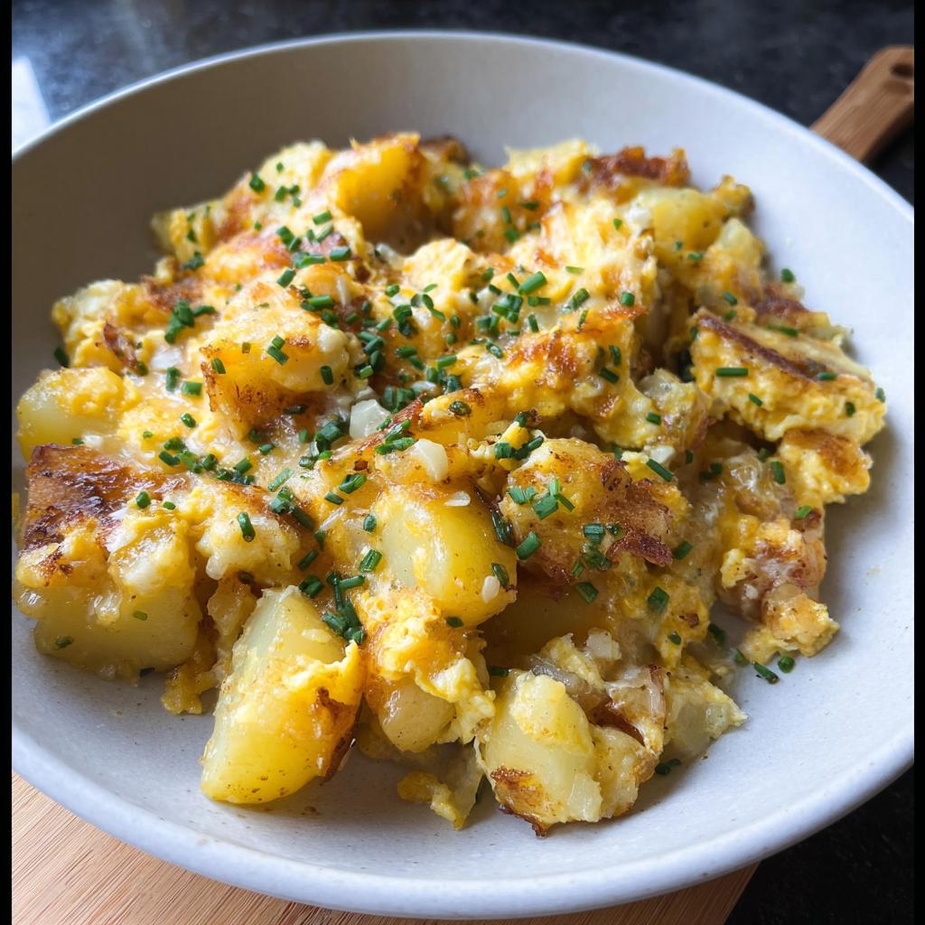 A close-up of a delicious Cheesy Potato Egg Scramble, topped with fresh chives and served in a white bowl.