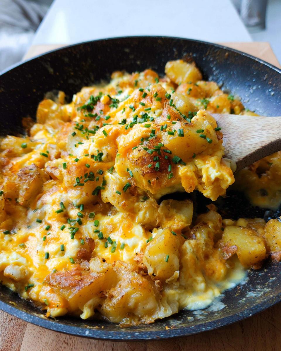 A close-up of a Cheesy Potato Egg Scramble in a black pan, garnished with chives, with a wooden spoon lifting a portion.