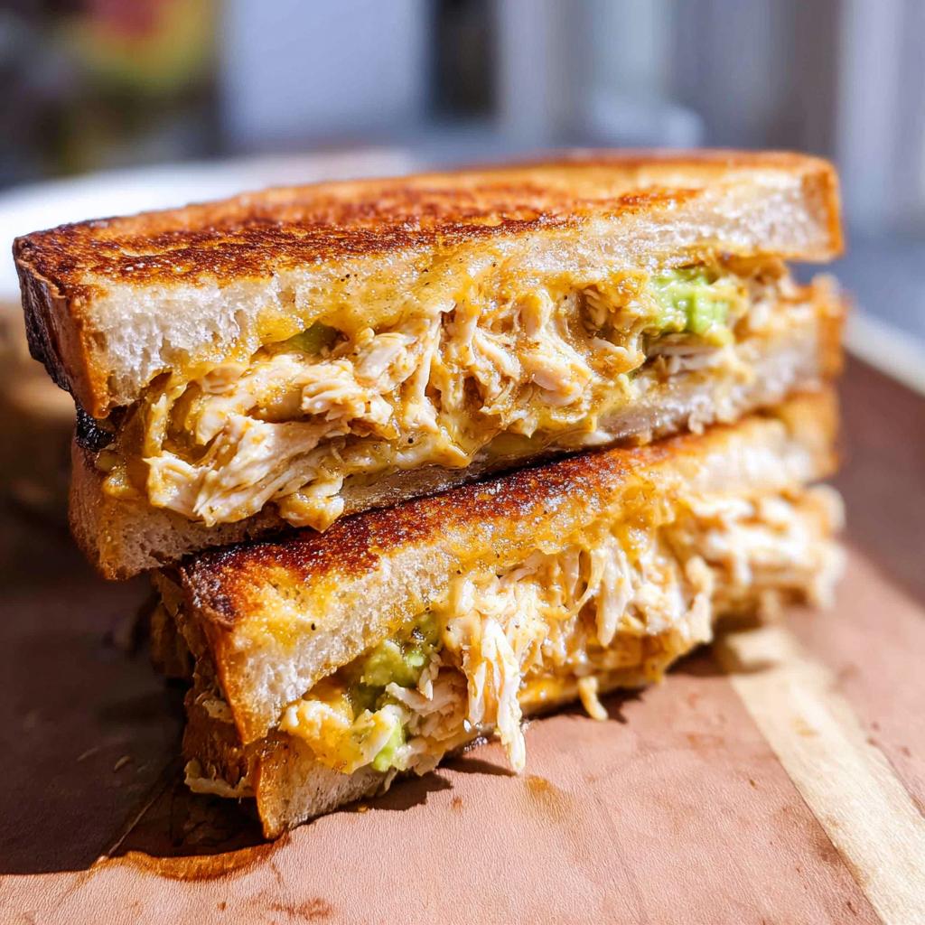 A close-up of a stacked Chicken Avocado Melt Sandwich, showing shredded chicken, melted cheese, and avocado filling.