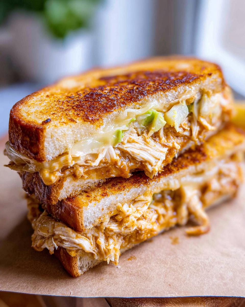 Close-up of a stacked Chicken Avocado Melt Sandwich, showing shredded chicken, melted cheese, and avocado.