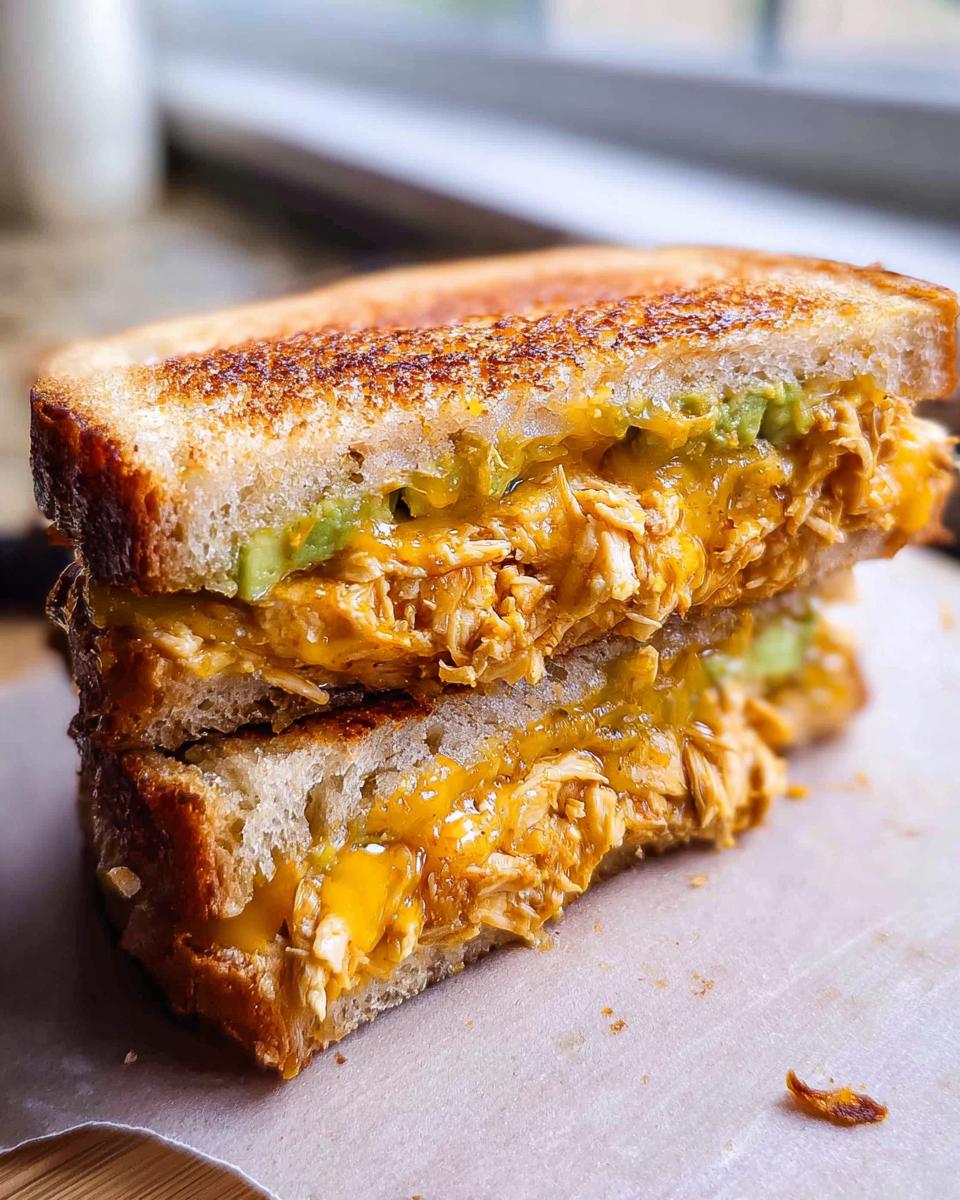 Close-up of a stacked Chicken Avocado Melt Sandwich, showing melted cheese and shredded chicken.