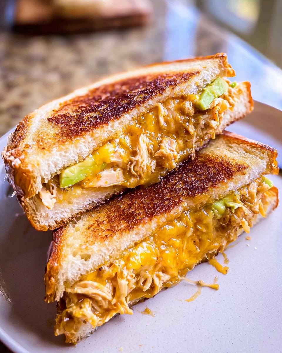 A close-up of a delicious Chicken Avocado Melt Sandwich, grilled to perfection with melted cheese and fresh avocado.