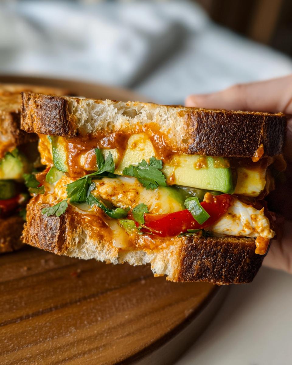 A close-up of a delicious CHICKEN AVOCADO MELT SANDWICH with avocado, chicken, cheese, and red peppers.