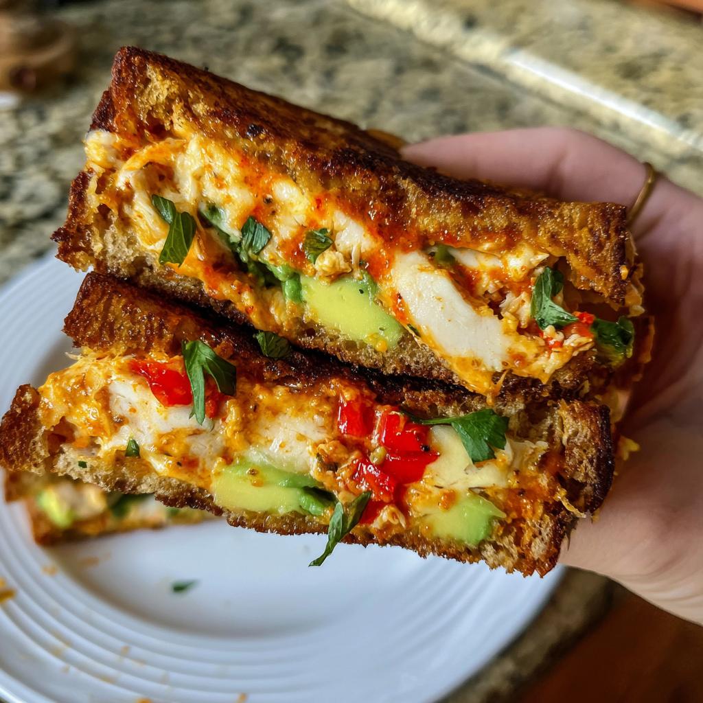 A close-up of a CHICKEN AVOCADO MELT SANDWICH, showing layers of grilled chicken, creamy avocado, red peppers, and melted cheese on toasted bread.