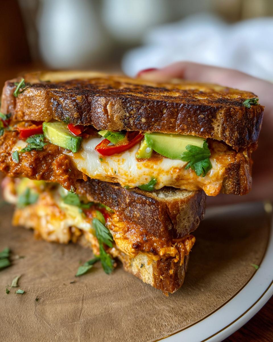 Close-up of a mouthwatering CHICKEN AVOCADO MELT SANDWICH, grilled to perfection with melted cheese, avocado, and red peppers.