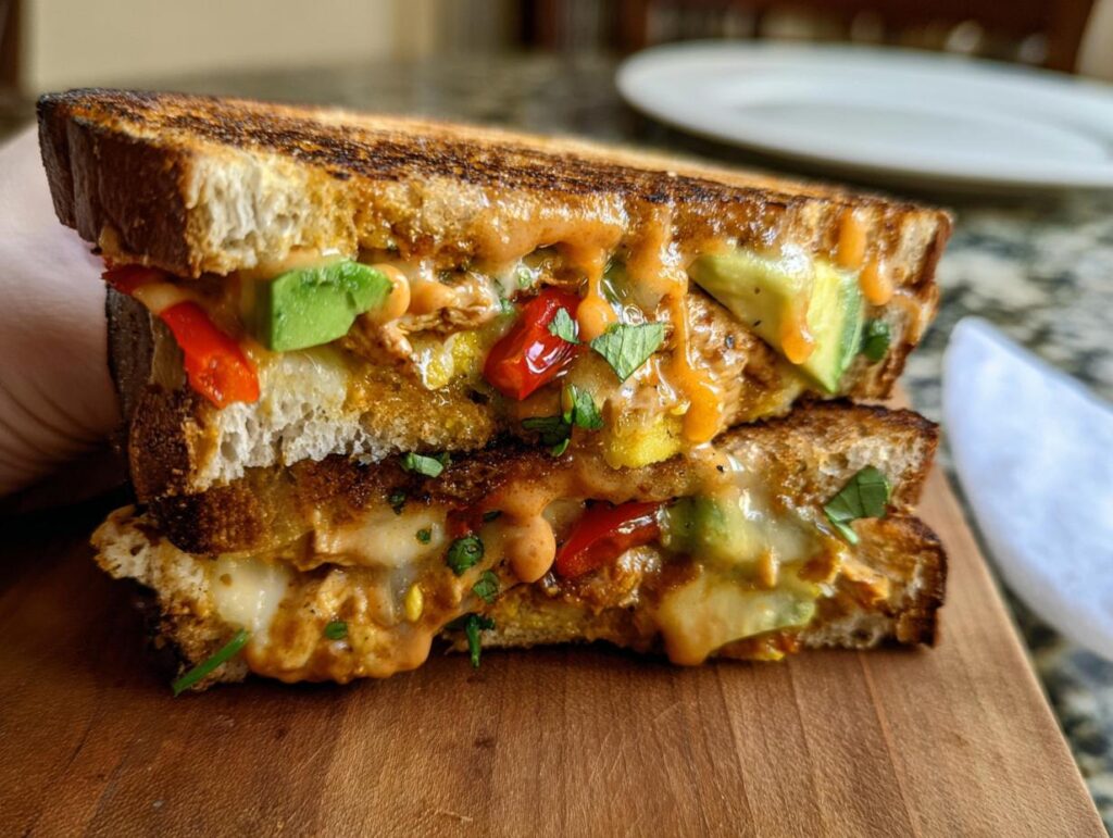 A close-up of a grilled CHICKEN AVOCADO MELT SANDWICH, showing melted cheese, avocado, and red peppers.