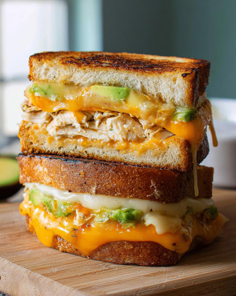 A tall stack of a grilled Chicken Avocado Melt Sandwich, with melted cheese oozing out.