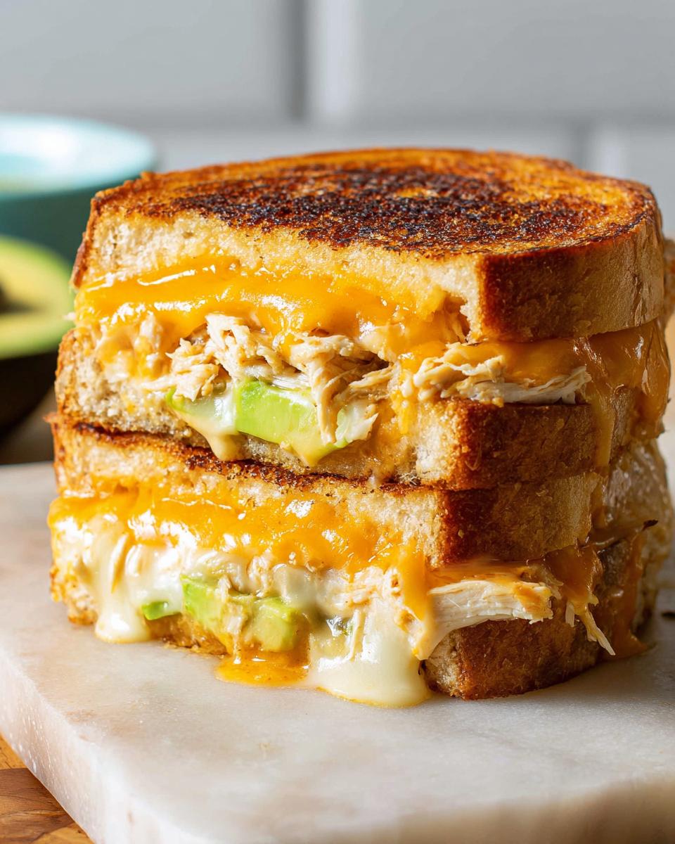 A close-up of a stacked Chicken Avocado Melt Sandwich with melted cheese oozing out.