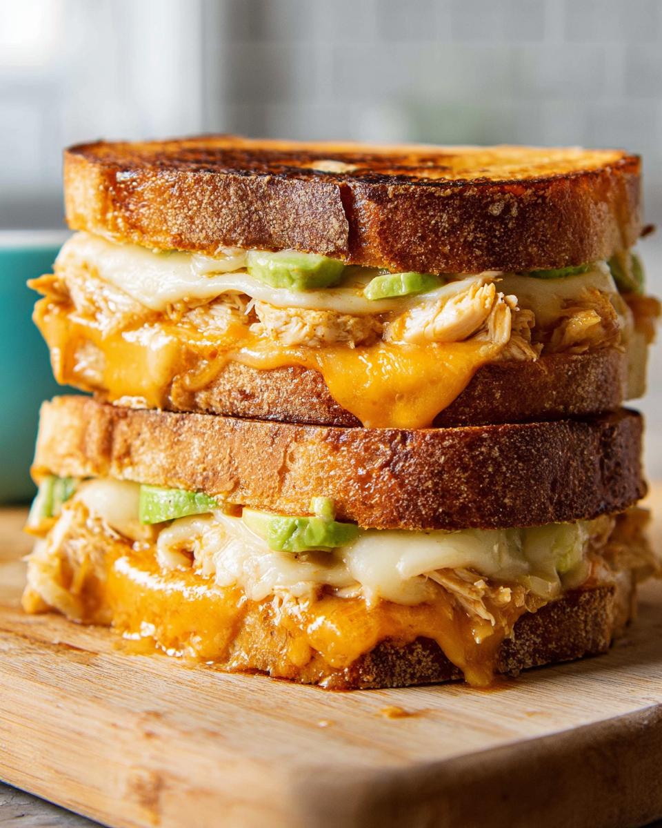A stacked Chicken Avocado Melt Sandwich with melted cheese and avocado slices on toasted bread.