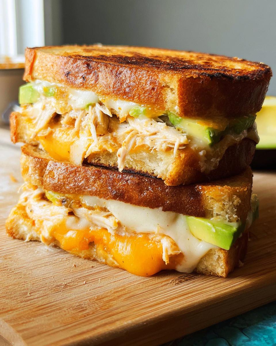 A delicious Chicken Avocado Melt Sandwich stacked, showing melted cheese, shredded chicken, and avocado slices.