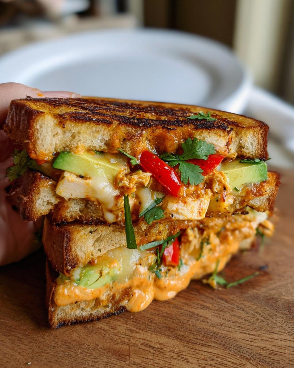 A close-up of a stacked CHICKEN AVOCADO MELT SANDWICH with melted cheese, avocado slices, and red chili peppers.