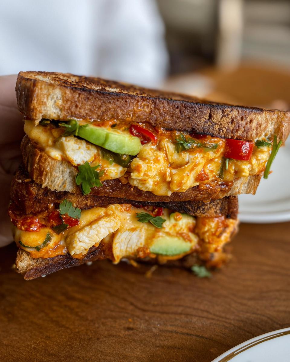 A close-up of a stacked CHICKEN AVOCADO MELT SANDWICH with toasted bread, chicken, avocado, and melted cheese.