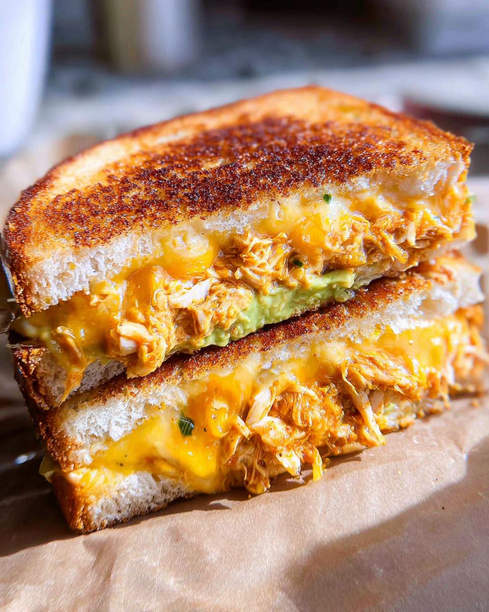 A close-up of a stacked Chicken Avocado Melt Sandwich, showing gooey melted cheese and shredded chicken.