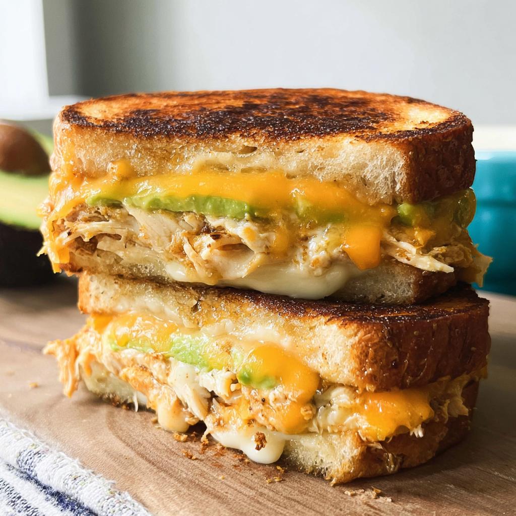 A stacked Chicken Avocado Melt Sandwich with gooey melted cheese and fresh avocado slices.