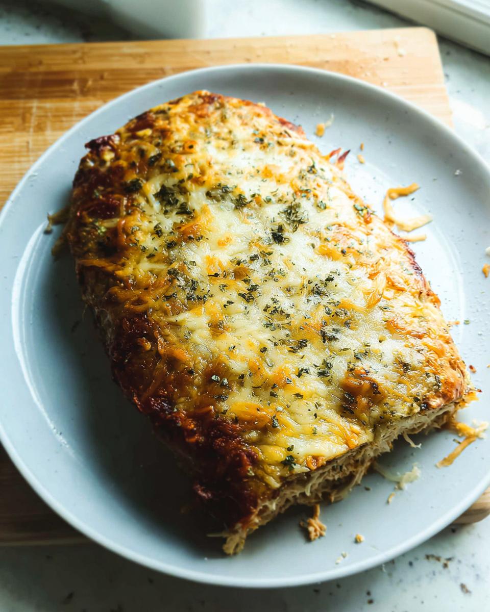 A close-up of a baked Chicken Avocado Ranch Burrito, topped with melted cheese and herbs.