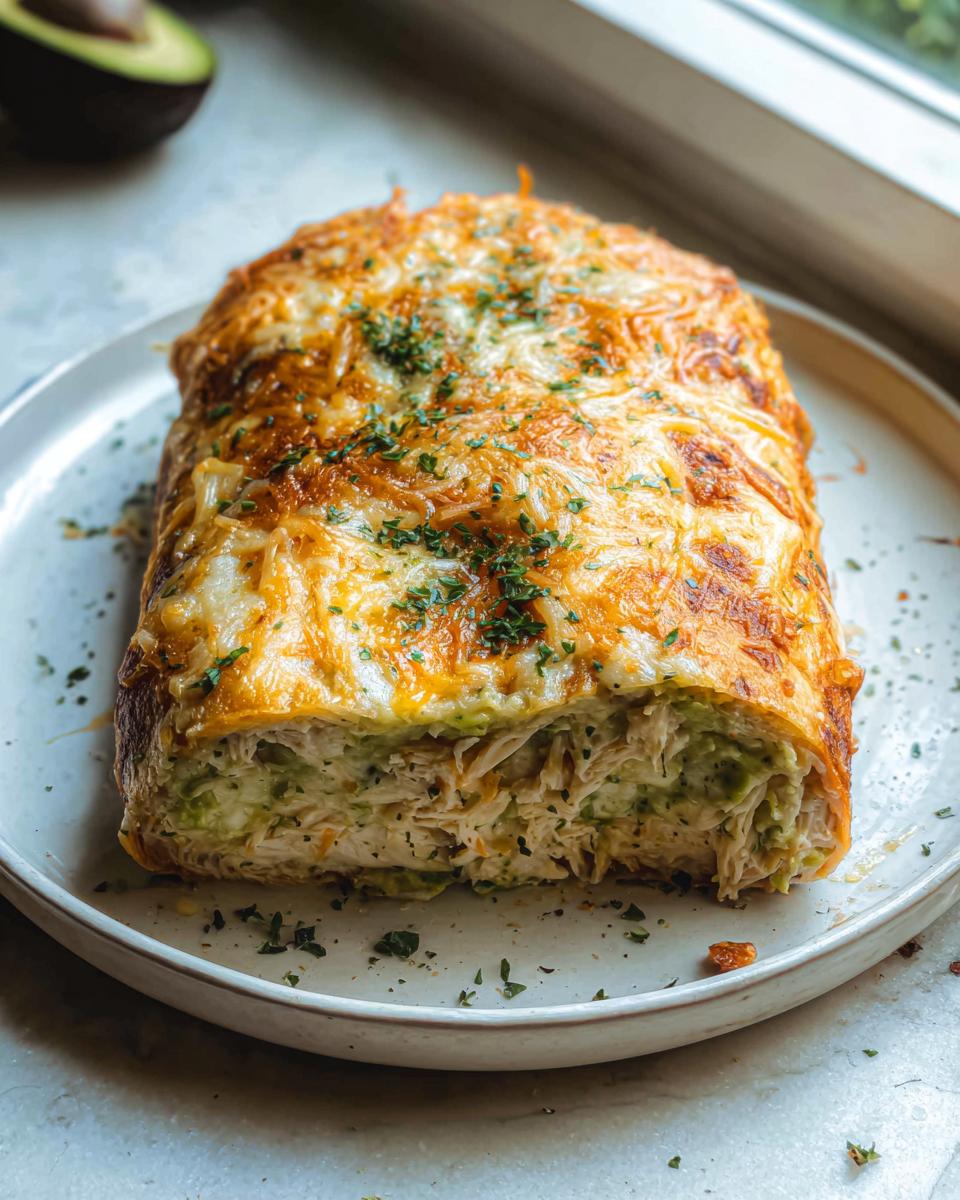 A baked Chicken Avocado Ranch Burrito, sliced to reveal shredded chicken and avocado filling, topped with melted cheese and parsley.