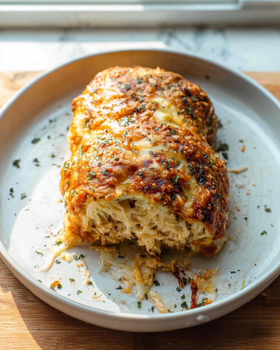 Close-up of a baked Chicken Avocado Ranch Burrito, cut in half, showing shredded chicken and melted cheese inside.