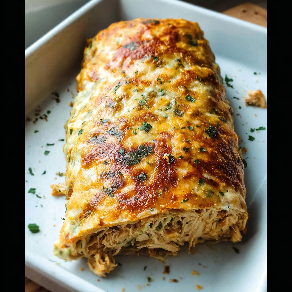 A close-up of baked Chicken Avocado Ranch Burritos in a white baking dish, topped with melted cheese and herbs.