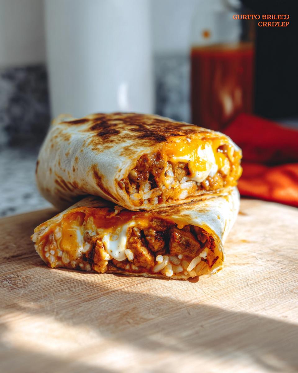 A close-up of a Chicken Crunch Wrap cut in half, revealing seasoned chicken, rice, and melted cheese.