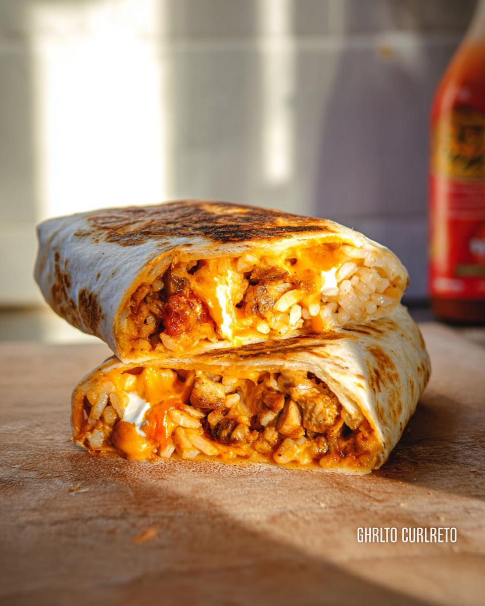 A Chicken Crunch Wrap cut in half, revealing seasoned chicken, rice, and melted cheese.