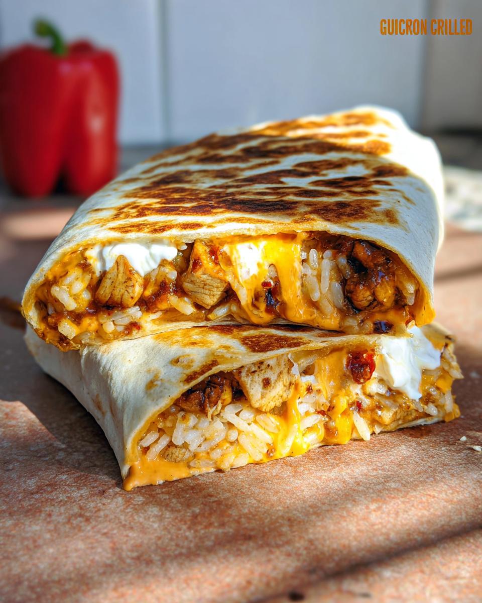 A close-up of a Chicken Crunch Wrap cut in half, showing layers of seasoned chicken, rice, melted cheese, and sour cream.