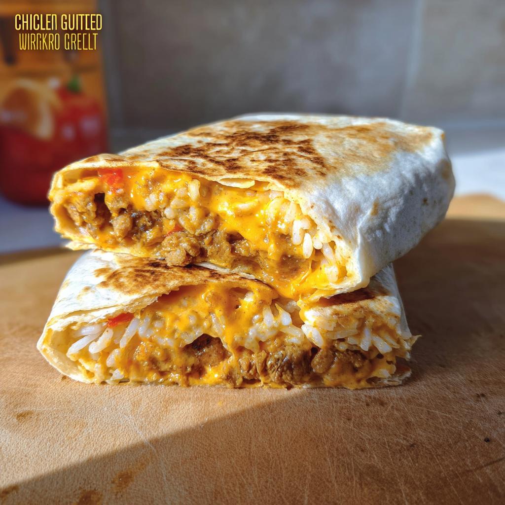 A delicious Chicken Crunch Wrap cut in half, revealing seasoned chicken, rice, and melted cheese.