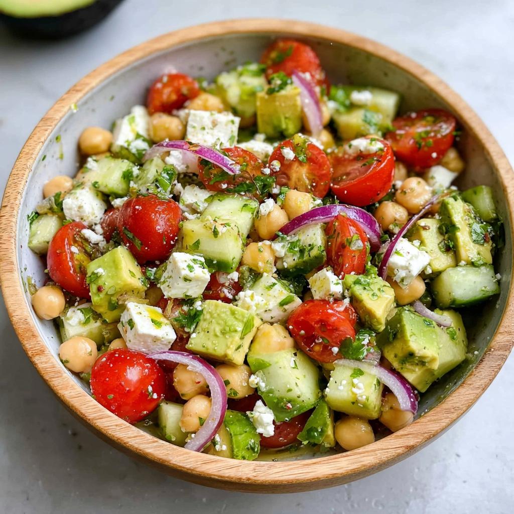 A vibrant bowl of Chickpea Feta Avocado Salad with cherry tomatoes, cucumber, red onion, and feta cheese.