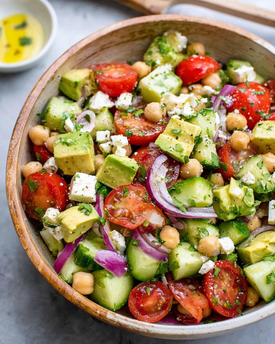 A vibrant bowl of Chickpea Feta Avocado Salad with chopped tomatoes, cucumber, red onion, and feta cheese.