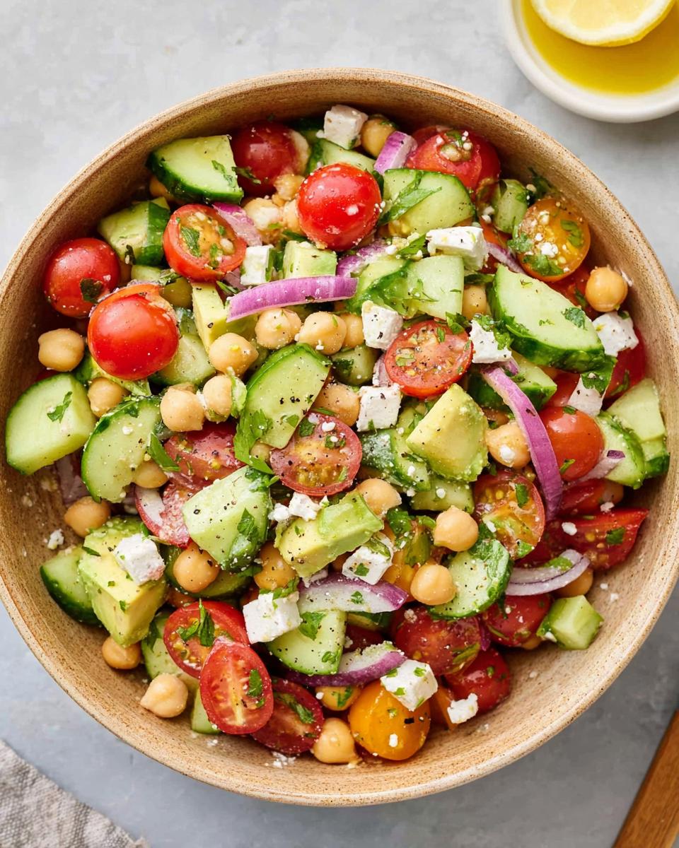 A vibrant bowl of Chickpea Feta Avocado Salad with cherry tomatoes, cucumber, red onion, and feta cheese.