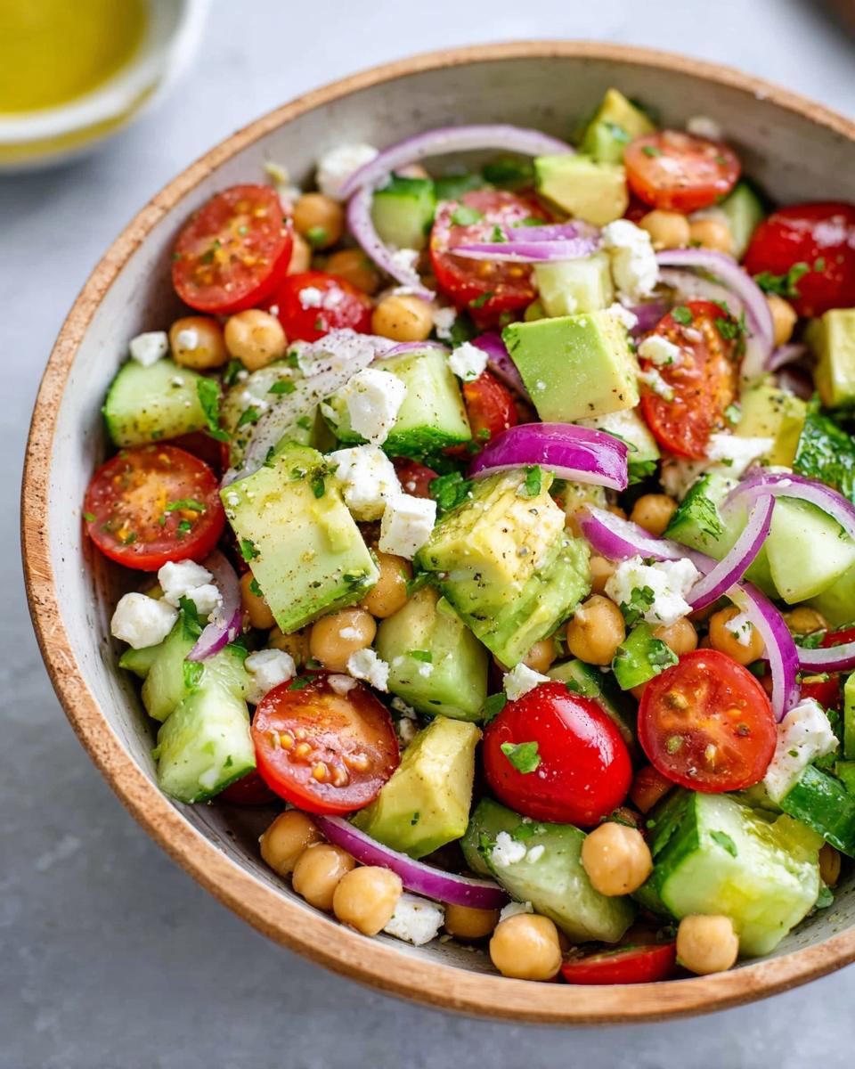 A vibrant bowl of Chickpea Feta Avocado Salad with cherry tomatoes, cucumber, red onion, and feta cheese.