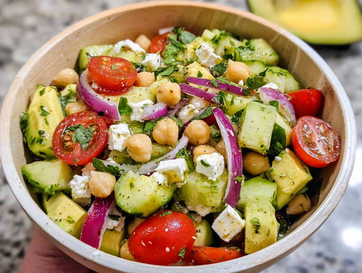 A vibrant Chickpea Feta Avocado Salad in a wooden bowl, featuring chopped cucumber, cherry tomatoes, red onion, feta cheese, and chickpeas.