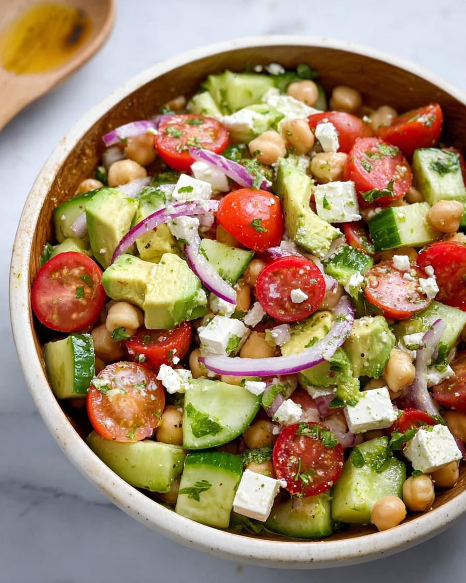 A vibrant bowl of Chickpea Feta Avocado Salad with cherry tomatoes, cucumber, red onion, and feta cheese.