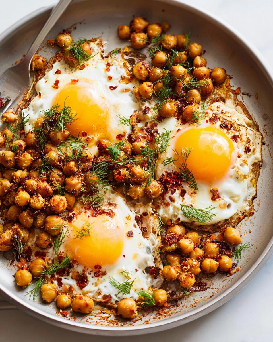 Close-up of a pan with fried eggs and seasoned chickpeas, garnished with fresh dill and chili flakes. A Chickpea Fried Eggs Recipe.