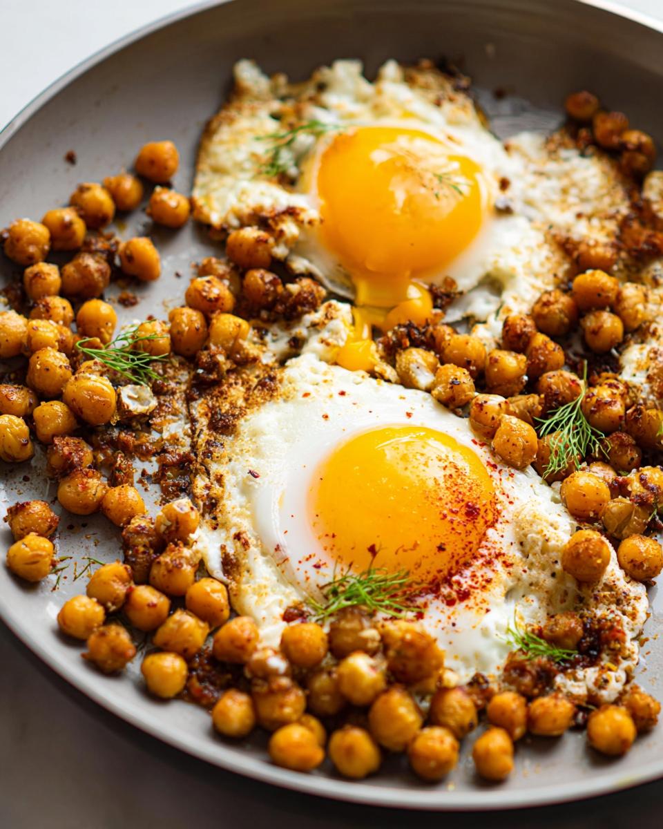 Two perfectly fried eggs served with seasoned chickpeas and fresh dill, a highlight of the Chickpea Fried Eggs Recipe.