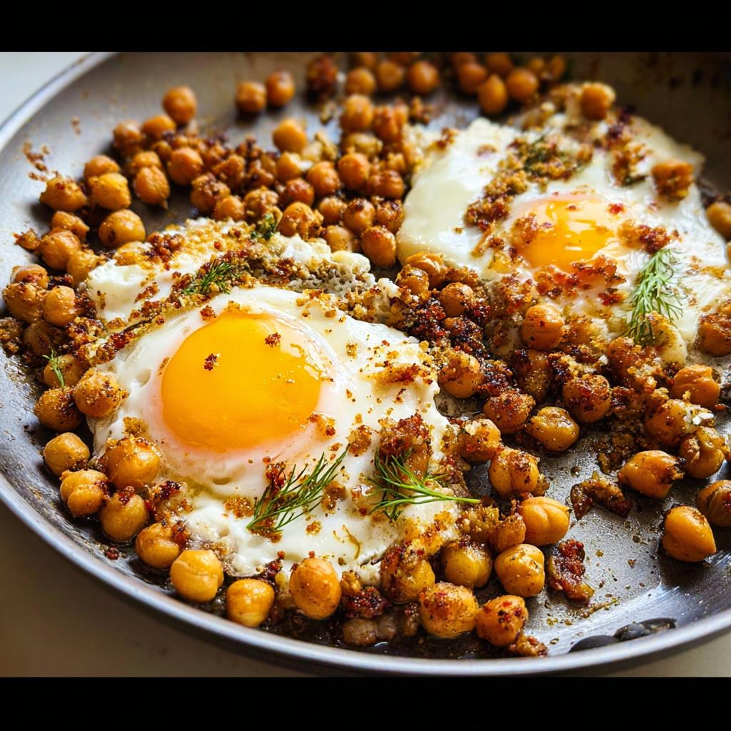 Close-up of a pan with two fried eggs surrounded by seasoned chickpeas, part of a chickpea fried eggs recipe.