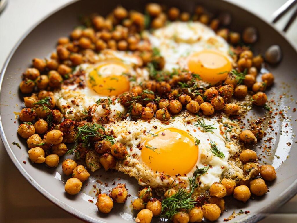 Close-up of a skillet filled with a Chickpea Fried Eggs Recipe, featuring sunny-side-up eggs nestled among seasoned chickpeas and fresh dill.